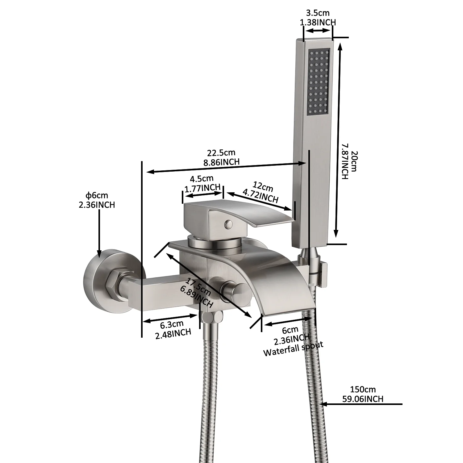 Brushed Nickel Waterfall Wall-Mount Bath Tub Filler Faucet: Complete with Handheld Shower for a Luxurious Bathing Experience - Image 7