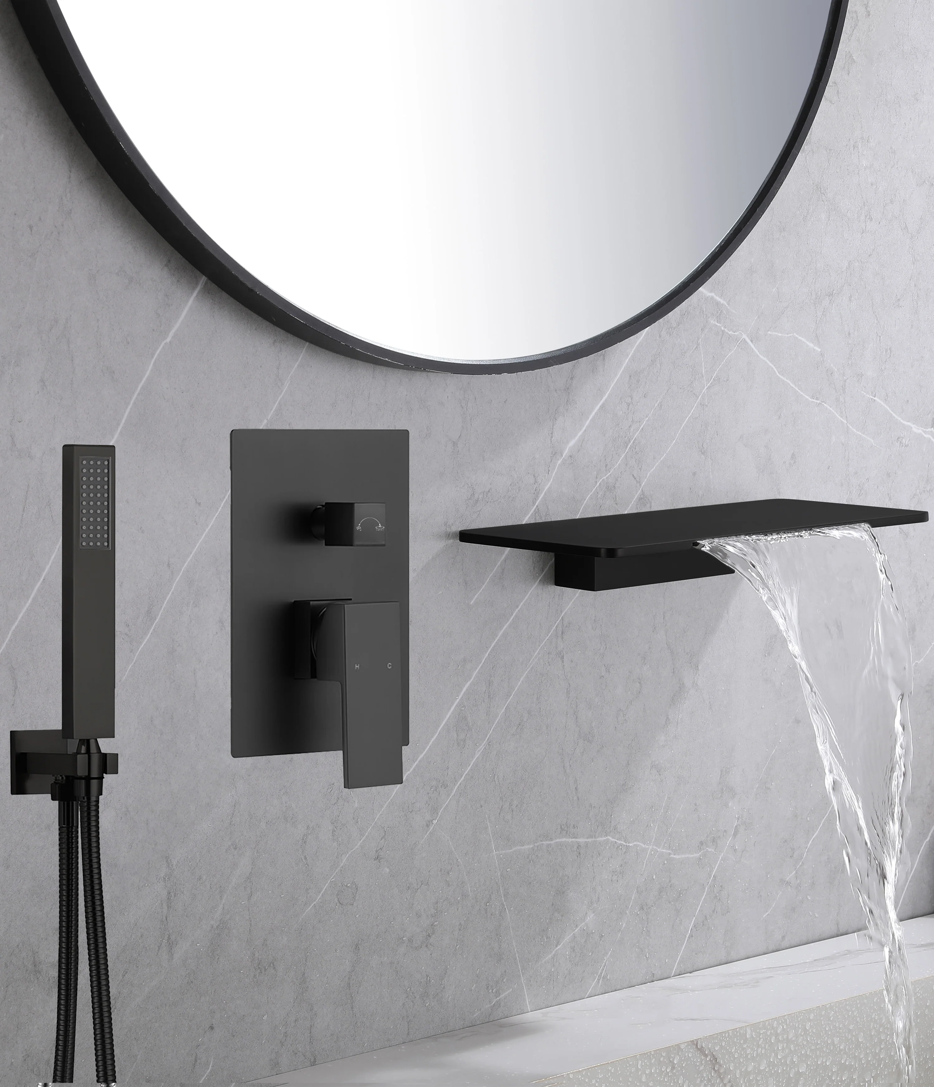 Waterfall Wall-mount Bath Tub Filler Faucet with Handheld Shower Brushed Gold or Matte Black or Brushed Gold Or Brushed Nickel - Image 5