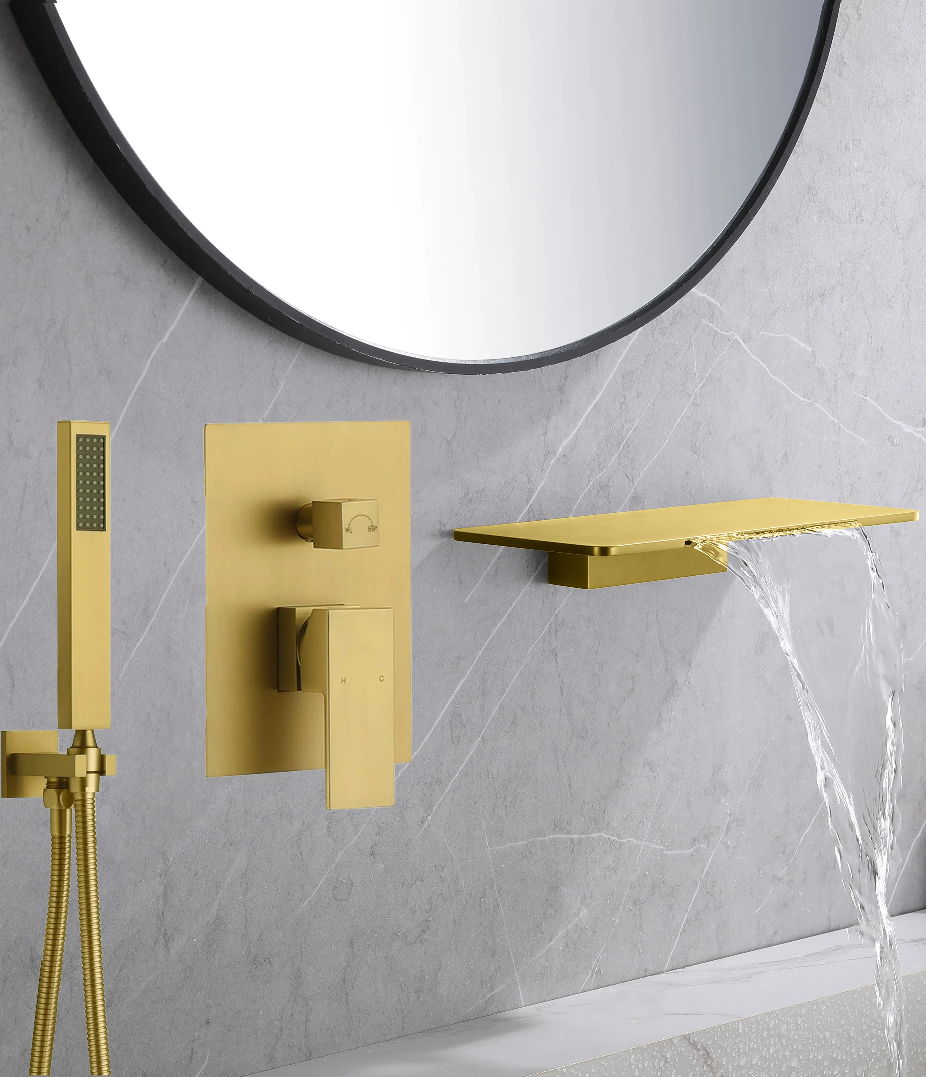Waterfall Wall-mount Bath Tub Filler Faucet with Handheld Shower Brushed Gold or Matte Black or Brushed Gold Or Brushed Nickel - Image 9