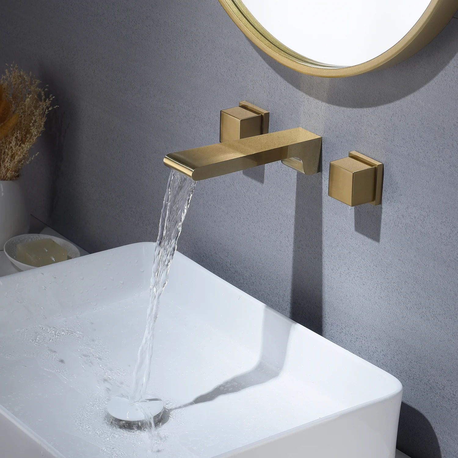 Brushed Gold waterfall Wall mount 3 holes two handles bathroom sink faucet with brass pop up overflow drain - Image 3
